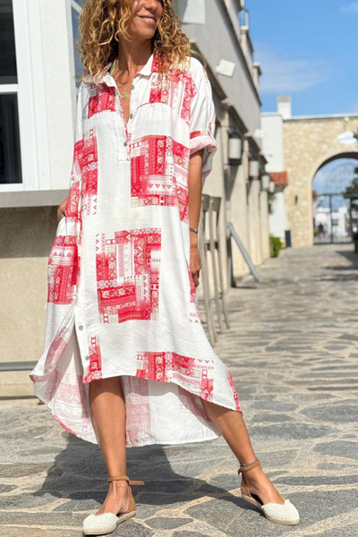 Güneşkızı Ιταλικό λευκό-κόκκινο φόρεμα με έθνικ σχέδια, τσέπες και σκισίματα,...