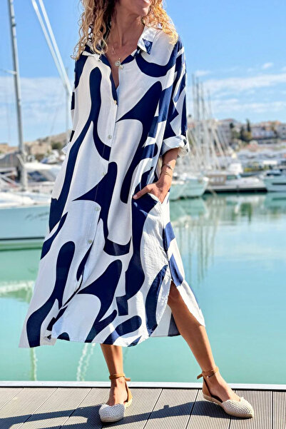 Güneşkızı Ιταλικό μπλε-λευκό γεωμετρικό σχέδιο με τσέπες Βαμβακερό υφαντό φόρ...