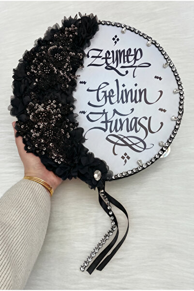 ZEYMERADE Siyah Kaligrafi Gelin Tefi 32cm, Vip Güpürlü, Parlak Taş Ve 3d Çiçe...