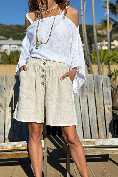 Güneşkızı Ιταλικό μπεζ σορτς με τσέπες και φερμουάρ, ελαστική μέση, φαρδιά μπ...