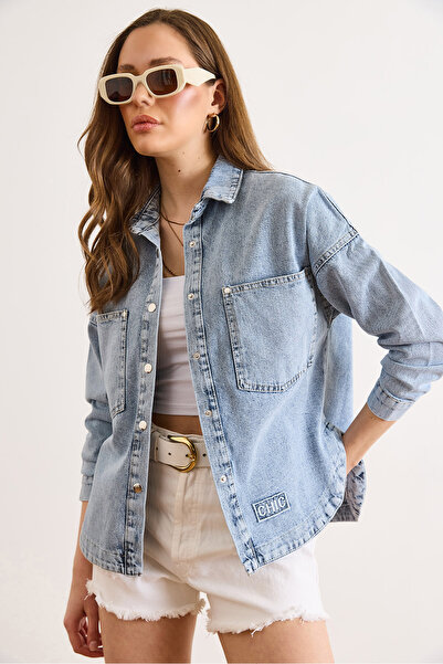 Olalook Γυναικείο Μπλε Τζιν Σικ Κεντημένο Πουκάμισο-Μπουφάν Gabardine με Τσέπ...