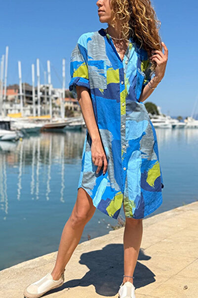 Güneşkızı Ιταλικό Μπλε-Λευκό-Μέντα Φόρεμα-Πουκάμισο με Γεωμετρικό Σχέδιο από ...