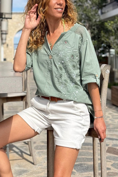 Güneşkızı Ιταλική χακί μπλούζα με κουμπιά, γιακά, πλενόμενη, με διχτυωτό ύφασ...