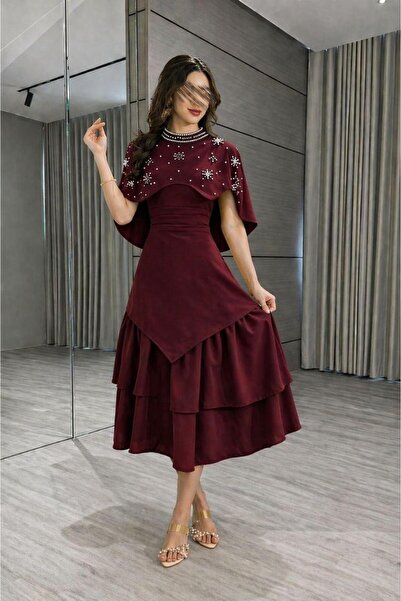 Jood Luxury Burgundy Layered Midi Dress with Pearl Embellishments and Cape