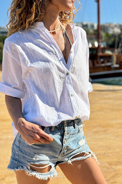 Güneşkızı Ιταλικό λευκό πουκάμισο με γιακά, με έθνικ σχέδιο, πλενόμενο βαμβακ...