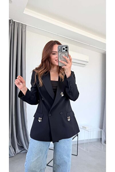 pelin yıldız butik Siyah Küpeli Blazer Ceket