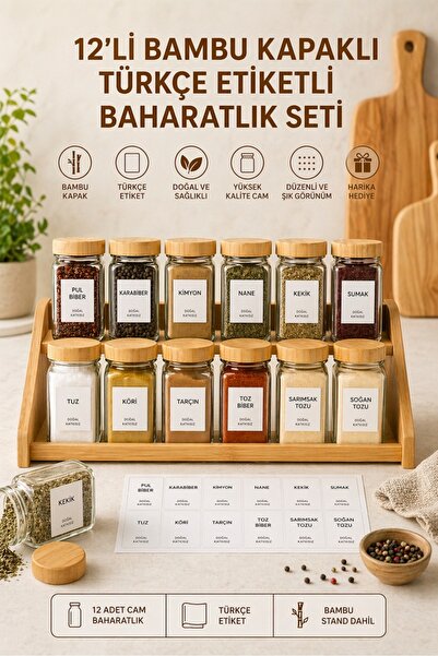 Keyfi Sepet 12’li Bambu Kapaklı Cam Baharatlık Seti – Etiketli, Şık ve Sızdır...