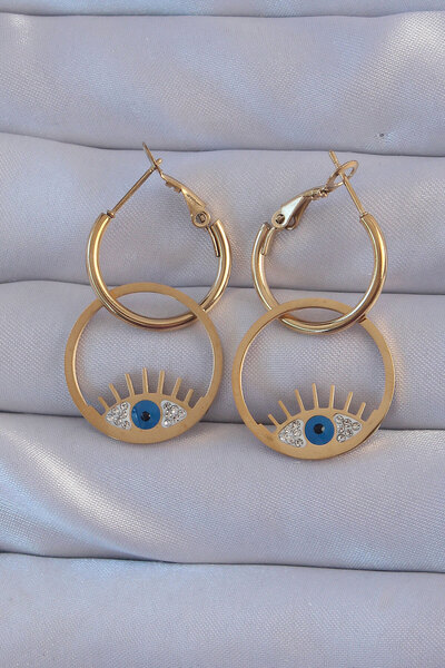 Toptan Bulurum 316L Steel Gold Color Zircon Stone Blue Eye Design Hoop Earrings