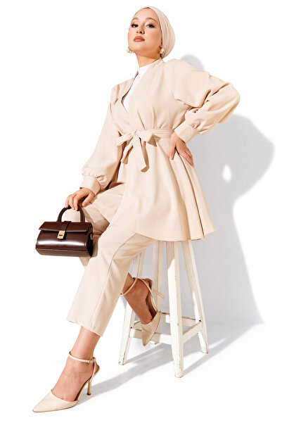 ribana Women's Belt Detailed Plain Jacket and Trousers Top and Bottom Set 2150