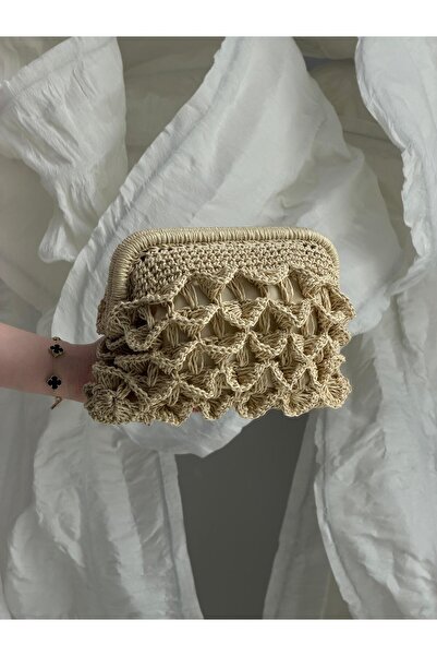 Luminos Butik Ψάθινη τσάντα μπεζ με υφή δαντέλας CNT1177