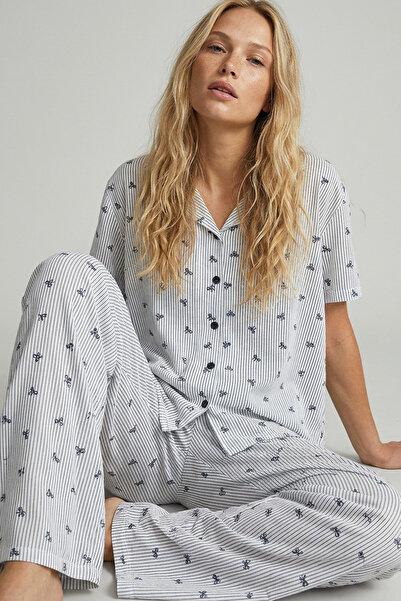 Siyah İnci Σετ πιτζάμες με φιόγκο σε σκούρο μπλε, λεπτό, απαλό, πλεκτό, εποχι...