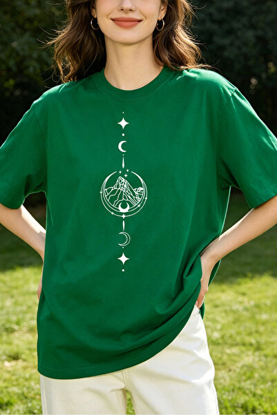 Fleck Womens T Shirts Mountain Moon And Stars Graphic Oversized Casual Style