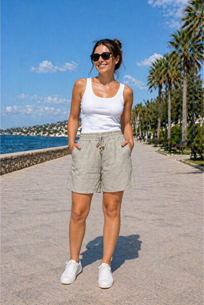 MİRA BUTİK Women's Curve Plus Size Elastic Waist Linen Fabric Shorts & Bermud...