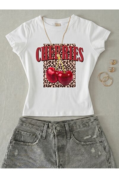 NİCE Γυναικείο κοντομάνικο μπλουζάκι με στάμπα λεοπάρ κεράσια - Lycra