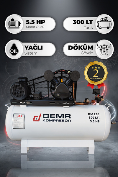 Demr Kompresör Hava Kompresörü Pistonlu 300 Lt 2 Kafa 8 Bar 5.5 Hp IDM290