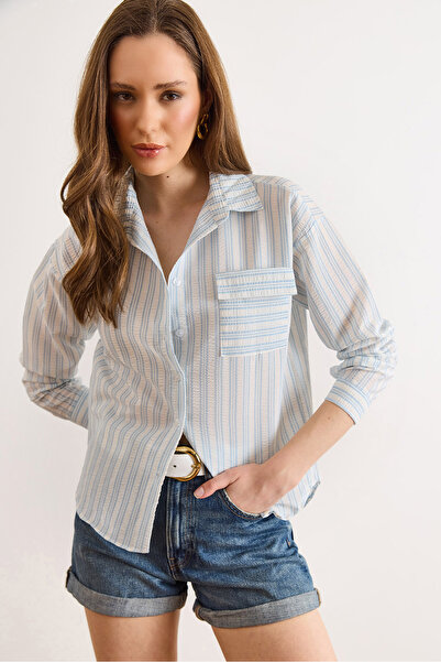 Olalook Γυναικείο πουκάμισο με ρίγες σε μπλε απόχρωση μωρού, με τσέπες και υφ...