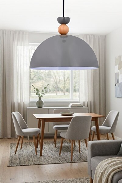 Şeflight Dome Sarkıt Avize Gri Metal Ahşap Detaylı Modern Salon Mutfak Yemek ...