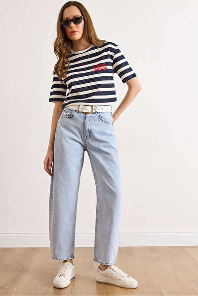 Olalook Γυναικείο ανοιχτό μπλε τζιν παντελόνι με ψηλή μέση και τσέπες JEA-190...