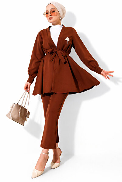 ribana Women's Belt Detailed Plain Jacket and Trousers Top and Bottom Set 2150