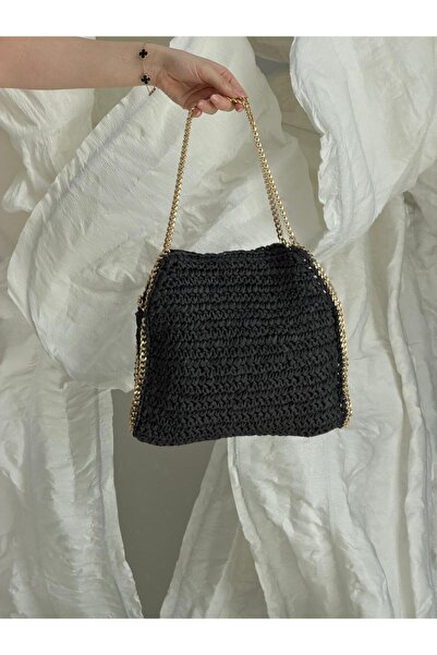 Luminos Butik Μαύρη ψάθινη τσάντα με λουράκι αλυσίδας CNT1118