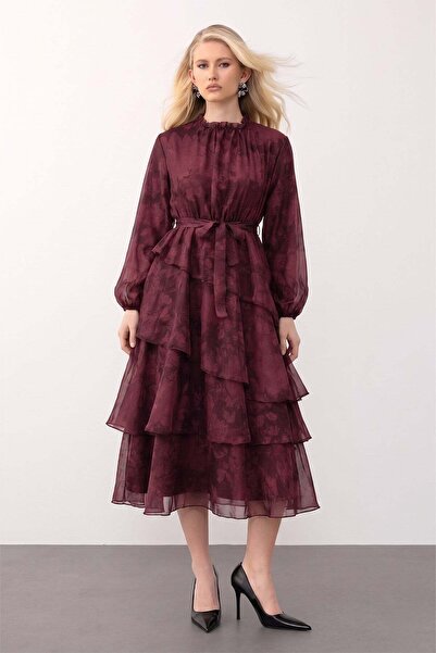 Olcay Φόρεμα σιφόν με φλοράλ σχέδια και στρώσεις σε βαθύ μπορντό 9462-E