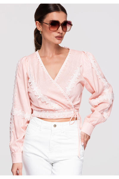 OMBRE Γυναικείο Μπλουζάκι Wrap OW-TS-E0033 – Μοντέρνα Μπλούζα με Δέσιμο Rose