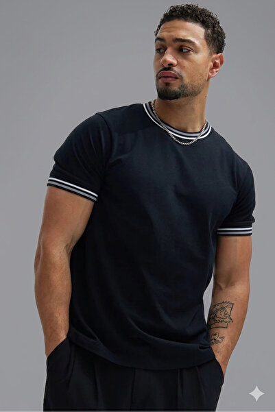 MEYASU Tricou pentru bărbați, slim fit, cu detalii cu nervuri, decolteu tip c...