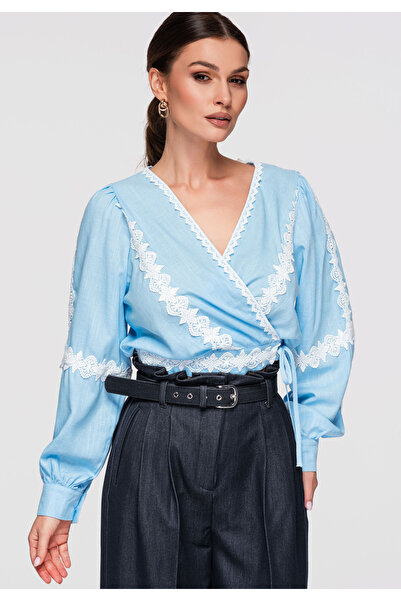 OMBRE Γυναικείο Μπλουζάκι Wrap OW-TS-E0033 – Μοντέρνα Μπλούζα με Δέσιμο Μπλε