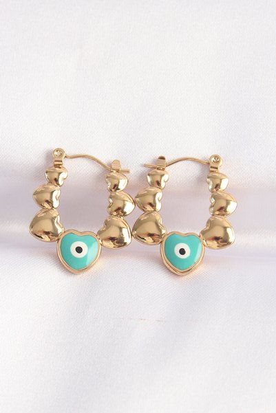 Toptan Bulurum 316L Steel Gold Color Blue Evil Eye Heart Model Earrings