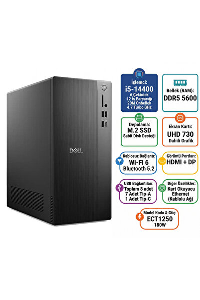 Dell Tower ECT1250 i5-14400 32GB 2TB SSD Windows 11 Pro Masaüstü Bilgisayar E...