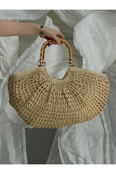 Luminos Butik Μπεζ ψάθινη τσάντα με λαβή από μπαμπού Half Moon CNT1155