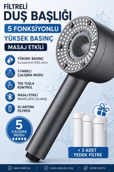 SUVİA Filtreli Duş Başlığı Yüksek Basınçlı 5 Fonksiyonlu | Klor ve Kireç Önle...