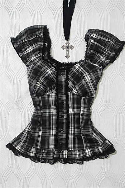 Karakedi Μαύρο και άσπρο Καρό τεμάχια Vintage Δαντέλα τεμάχια Τετράγωνο γιακά...