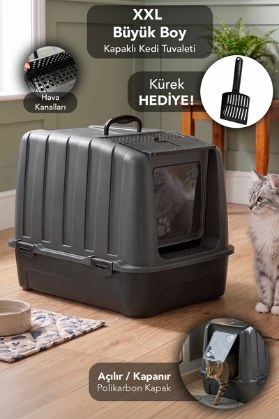 Meleni Home XXL Kapalı Kedi Tuvaleti - Taşıma Kulplu Koku Filtreli Kedi Tuval...