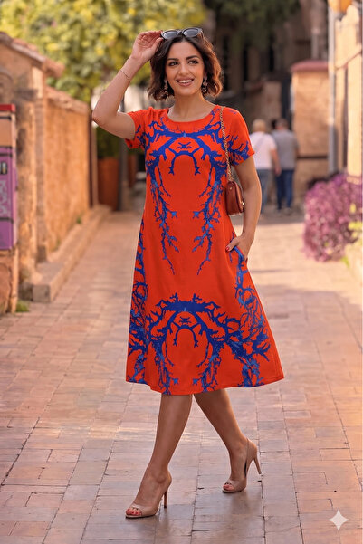 Nevin Kaya Moda Φόρεμα από 100% βαμβάκι με πορτοκαλί σχέδιο θάλασσας