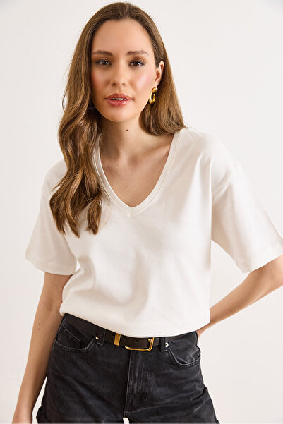 Olalook Γυναικείο λευκό βαμβακερό μπλουζάκι με λαιμόκοψη V και κουμπωτό τελεί...