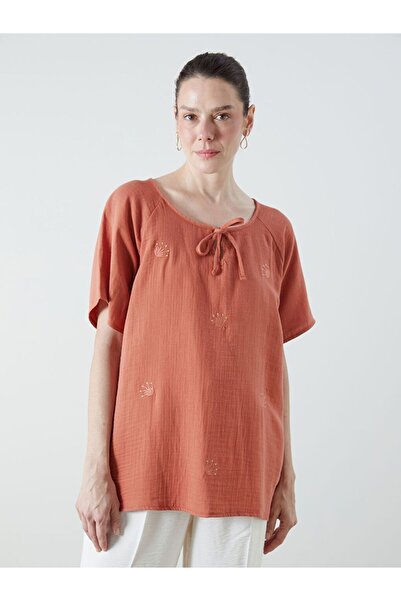 LC Waikiki Lcw grace orange tie-up collar embroidered muslin blouse