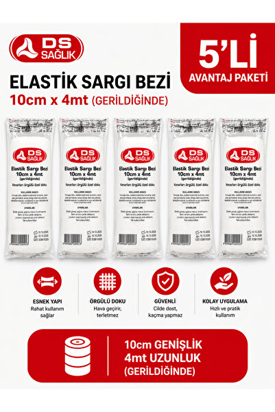 DS Sağlık Elastik Sargı Bezi 10CM X 4M Elastik Sargı Bezi 10 cm x 4 m (Gerildiğinde) 5’li Avantaj Paketi