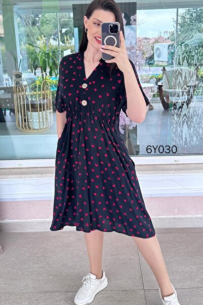 İnce Topuk Φόρεμα βισκόζης με λεπτομέρεια με κουμπιά σε σχήμα V 6y030