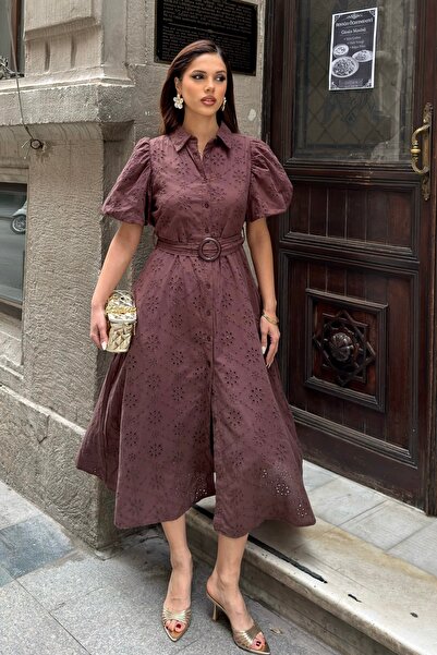 BEJNA Γυναικείο φόρεμα με μανίκια μπαλόνι, ζώνη και επένδυση, υφαντό με κεντη...