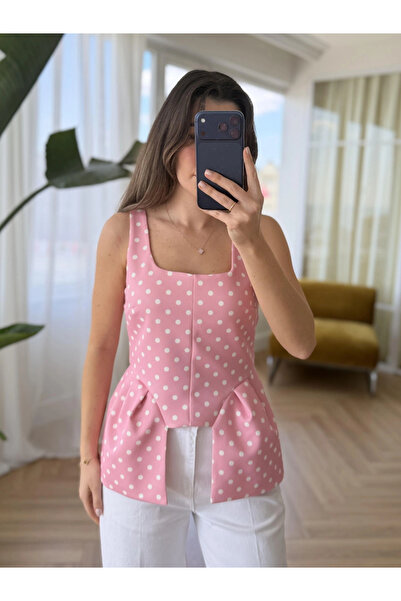 My Blog Ροζ Μπλούζα με Τετράγωνο Γιακά και Πουά - 8433