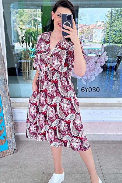 İnce Topuk Φόρεμα βισκόζης με λεπτομέρεια με κουμπιά σε σχήμα V 6y030