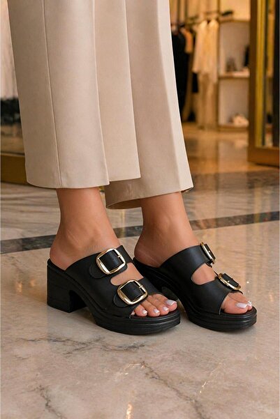 MODAONN Γυναικείες παντόφλες με διπλή πόρπη, ρετρό κομψότητα και χοντρό τακούνι