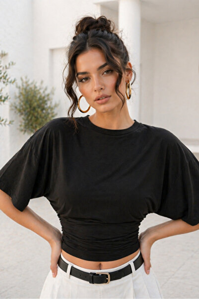 Rich Γυναικεία μαύρη μπλούζα από βισκόζη με μανίκια νυχτερίδα που εφαρμόζουν ...