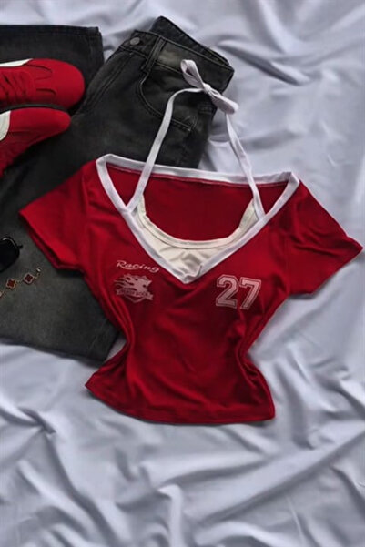 Karakedi Κόκκινο Racing 27 Number Κοντομάνικο Crop με Πρόσθετο Λουράκι Y2K