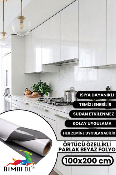 RİMAFOL Parlak Beyaz Örtücü Özellikli Yapışkanlı Mutfak Dolap ve Mobilya Kapl...