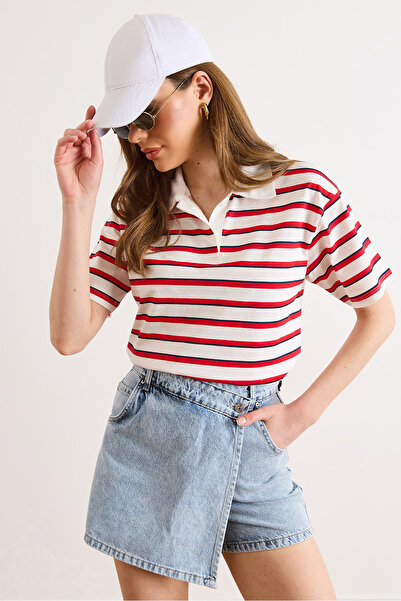 Olalook Γυναικείο μπλουζάκι με λαιμόκοψη πόλο σε λευκό και κόκκινο χρώμα, με ...