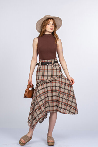 MissVina Καρό φούστα από λινό ύφασμα Valmora με ζώνη