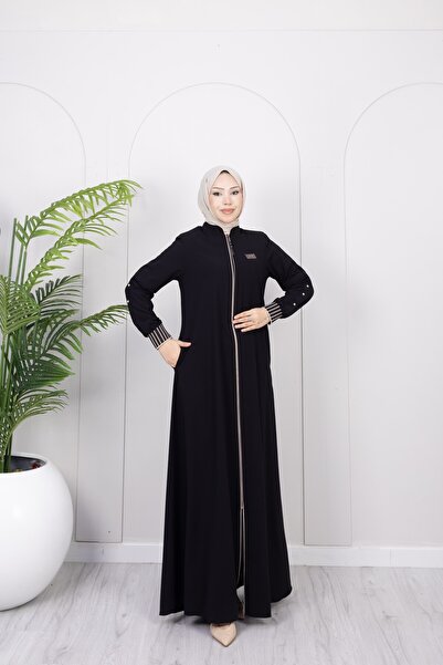 Dayfabric Çizgi Detaylı Fermuarlı Ferace | Siyah