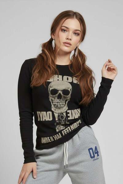 Karakedi Μαύρο γοτθικό Harajuku Go Ahead Make My Day Y2K μακρυμάνικο μπλουζάκι